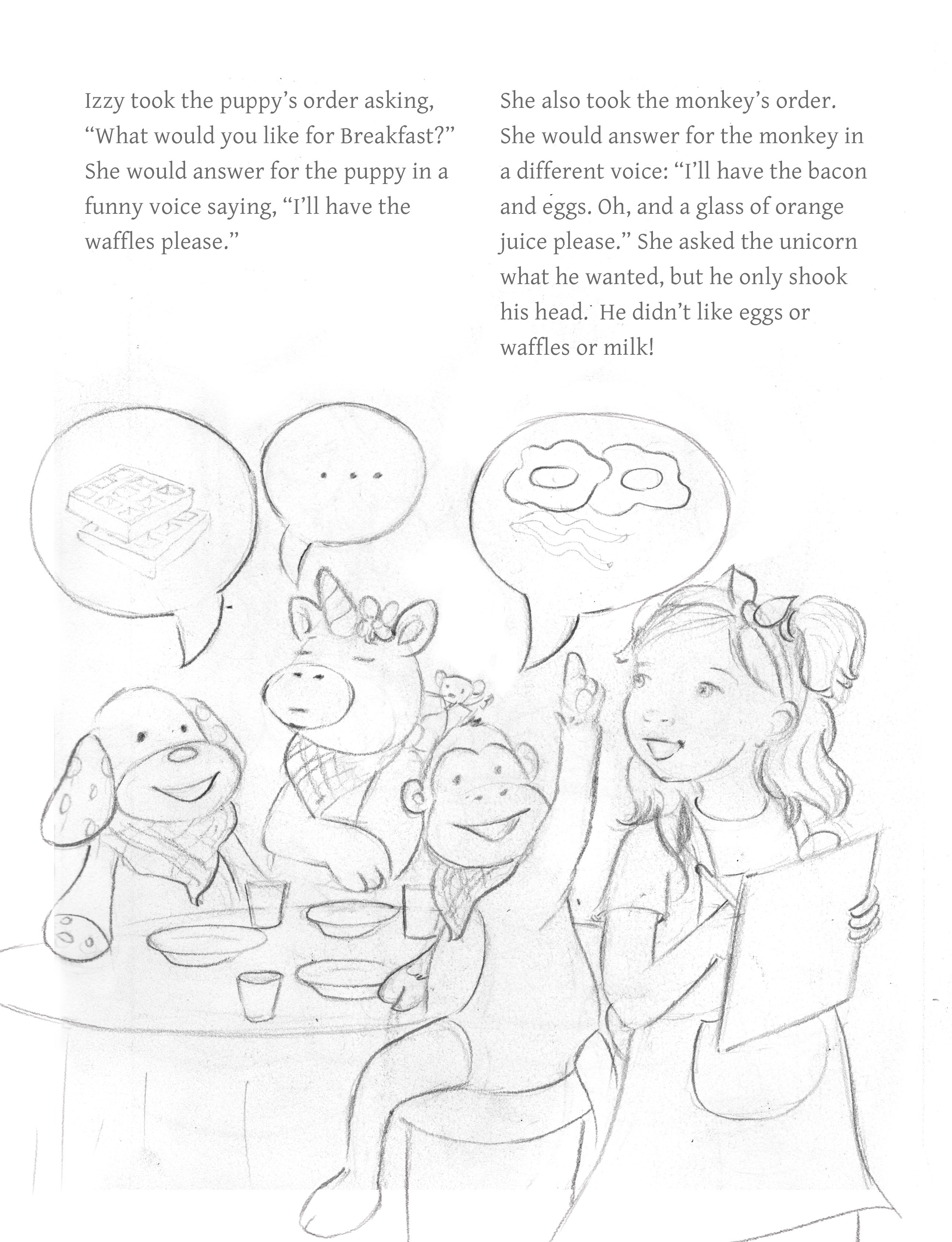 Rough pencil sketch of Izzy taking her stuffed animals' breakfast order, from 'Playtime with Izzy'.